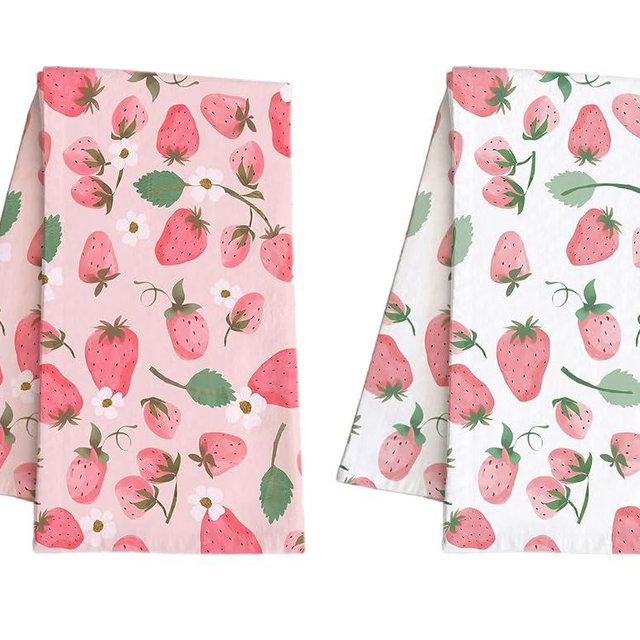 Feranovian Strawberry Kitchen Dish Towels Set of 2 – 16x24 Inch Pink and White Fruit Print Tea Towels – Cute Summer Farmhouse Kitchen Decor for Women, Gifts, and Everyday Use