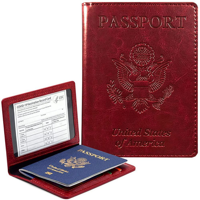 Passport and Vaccine Card Holder Combo, Passport Wallet with CDC Vaccination Record Card Slot, Rfid Blocking Leather Travel Accessories Documents Organizer Protector for Women and Men