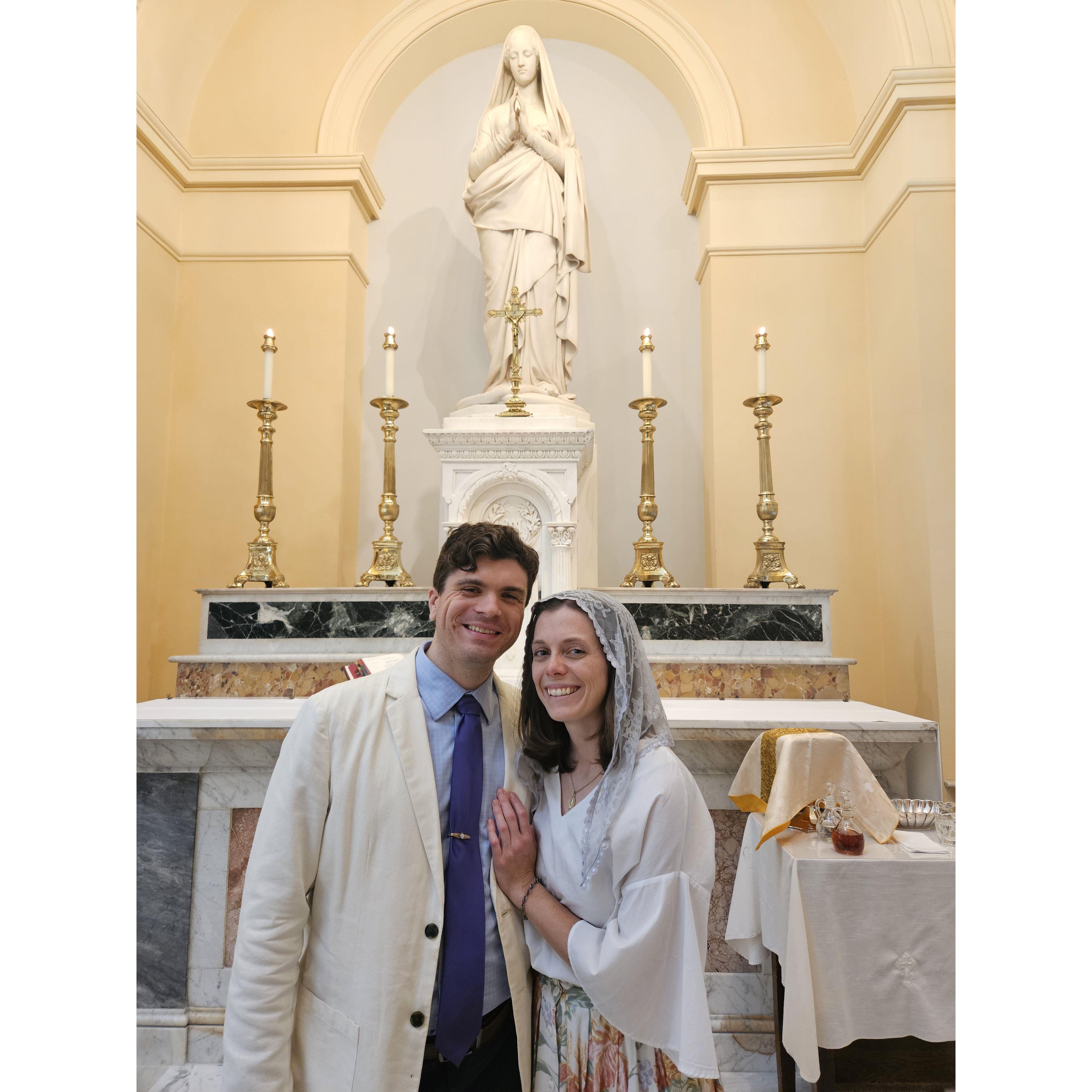 July 2024 - To celebrate 9 months, Peter arranged for a private Mass to be said at the Mary altar at the Basilica. 3 months later, he proposed in this same spot.