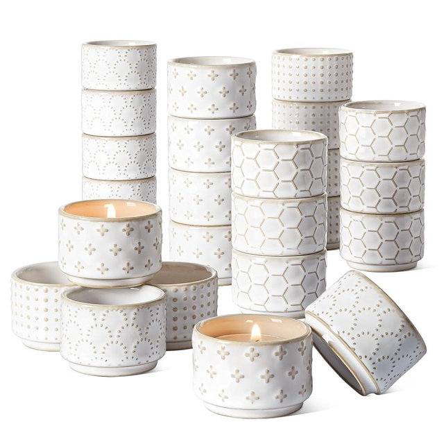 LE TAUCI Tealight Candle Holder, Embossed Ceramic Votive Candle Holders Bulk for Thanksgiving,Christmas, Wedding Table Centerpiece Decor, Set of 24, Arctic White