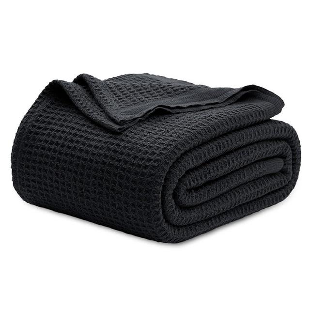 Bedsure 100% Cotton Blankets Queen Size for Bed - Waffle Weave Blankets for Summer, Lightweight and Breathable Soft Woven Blankets for Spring, Black, 90x90 Inches