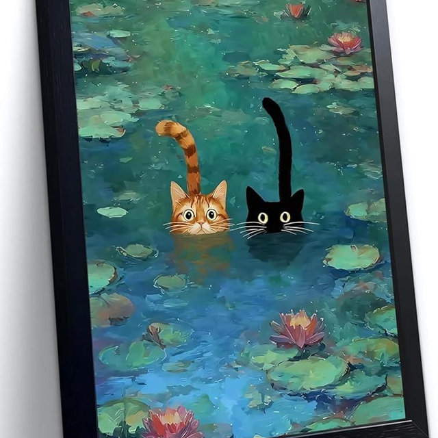 Funny Cat Wall Art Vintage Monet Water Lilies Cat Canvas Painting, Whimsical Cute Cat Poster Print Artwork for Bathroom Bedroom Living Room Home Decor Black Frame10x8 Inch