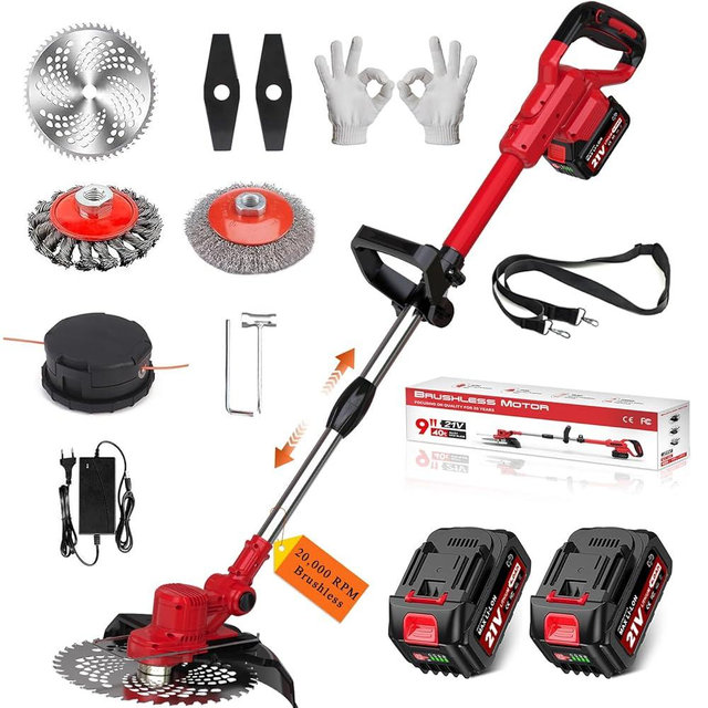 Cordless Weed Wacker Electric String Trimmer, 750W Brushless Motor, 2 x 4.0Ah Batteries,4-in-1 Brush Cutter/String Trimmer/Grass Trimmer/Weed Eater Tool for Lawn Garden Yard (Red)