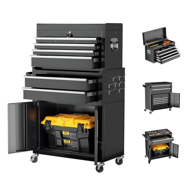 Crownland 8-Drawer Rolling Tool Chest with Wheels, Lockable 2 in 1 Detachable Tool Cabinet wit Drawers and Black Liners, Garage Top Toolbox & Bottom Storage Cart with Side Hooks(Black)