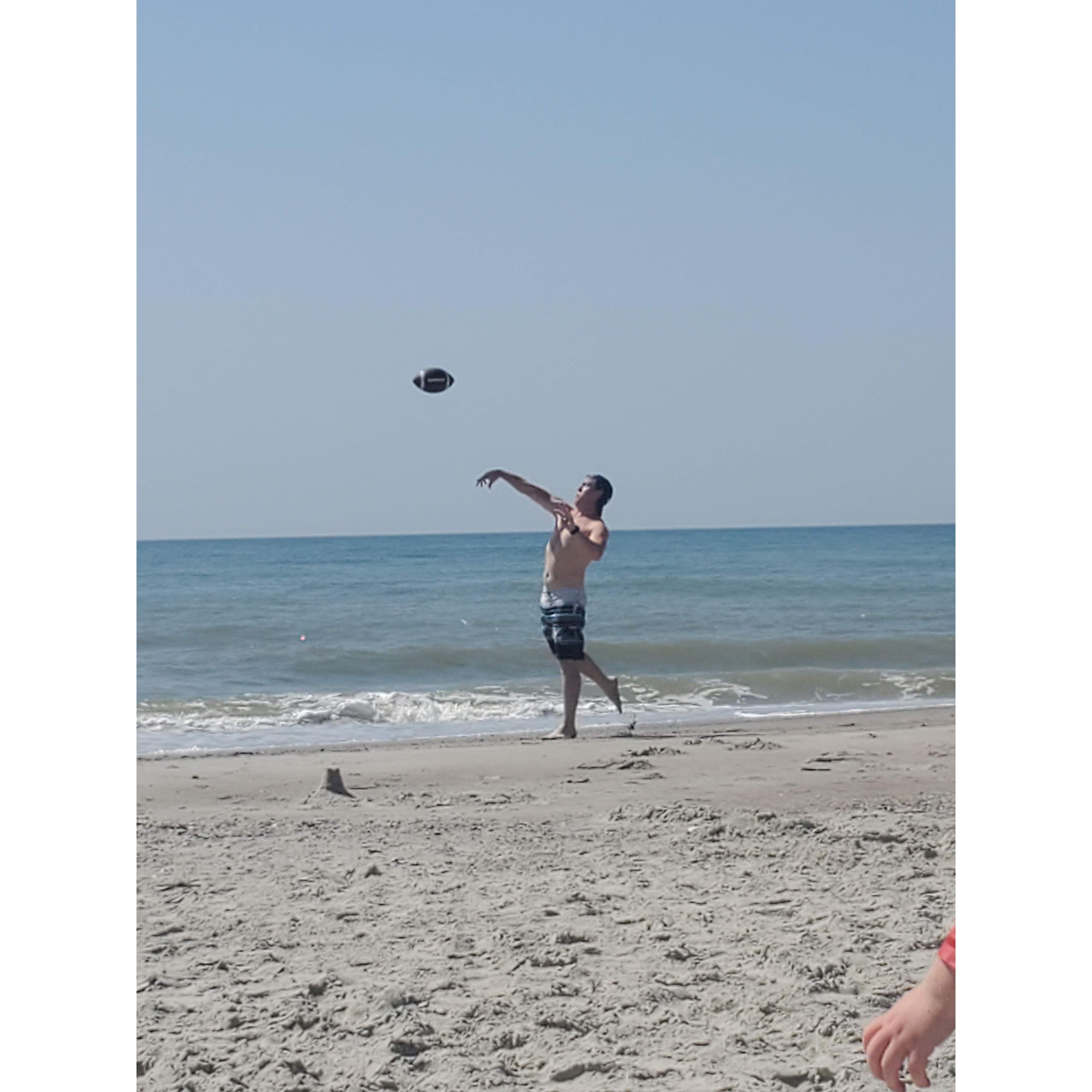 First Allgood beach trip with Layla's broken foot. Joe enjoying some beach football.