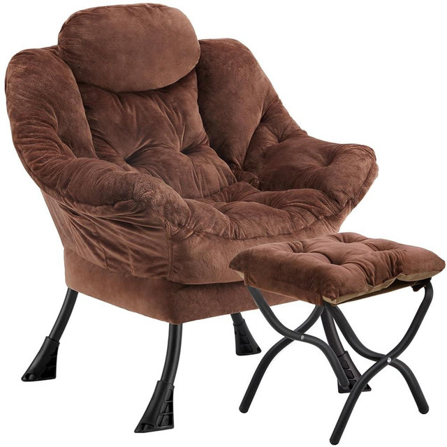 Congermom Lazy Chair with Folding Ottoman,Leisure Sofa Chair,Soft Fabric Armchair with Armrests and Side Pockets, Reading Chair with Footrest for Living Room, Bedroom, Office (Plush Dark Brown)