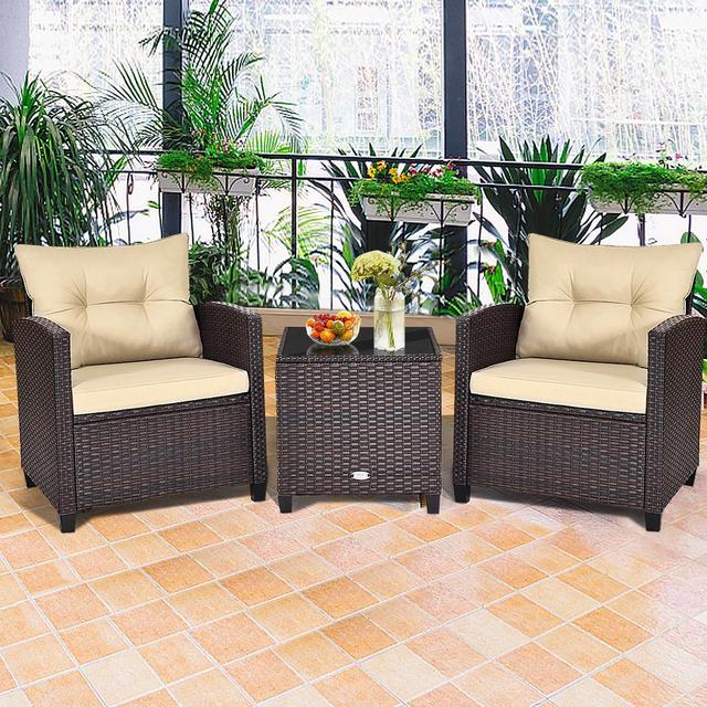 Costway 3-Piece Patio Rattan Furniture Set Cushioned Conversation Set Sofa Coffee Table Beige-GHM0066 - The Home Depot