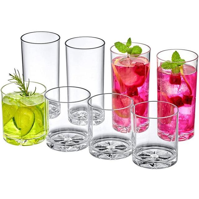 Amazing Abby - Liberty - 12-Ounce and 16-Ounce Plastic Tumblers (Set of 8), Plastic Drinking Glasses, All-Clear High-Balls, Reusable Plastic Cups, BPA-Free, Shatter-Proof, Dishwasher-Safe