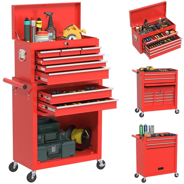 SGHATAJ Rolling Tool Box with Wheels, 8-Drawer High Capacity Tool Chest with Wheels, Removable Storage Toolbox with Lock for Garage, Workshop (Red)