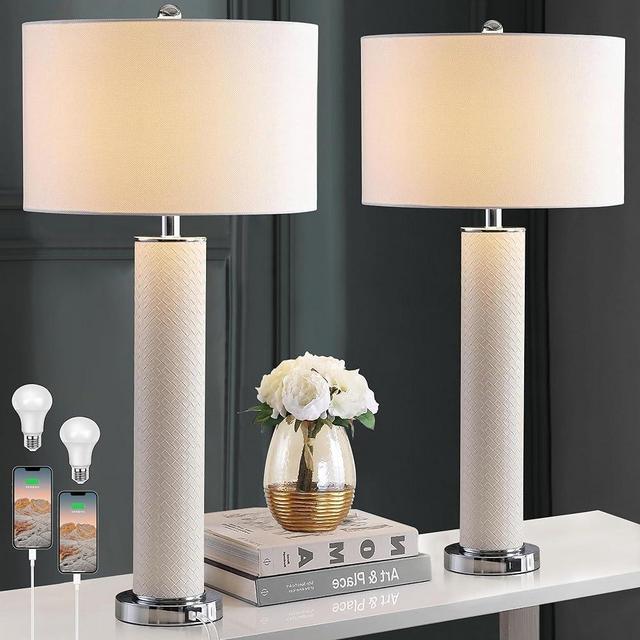 WIHTU 28'' Modern Table Lamp Set of 2, Cream Faux Woven Leather Bedside Lamps with USB C+A Charging Ports, 3 Color Temperature Lamp for Nightstand, White Table Lamps for Living Room(2 Bulbs Included)