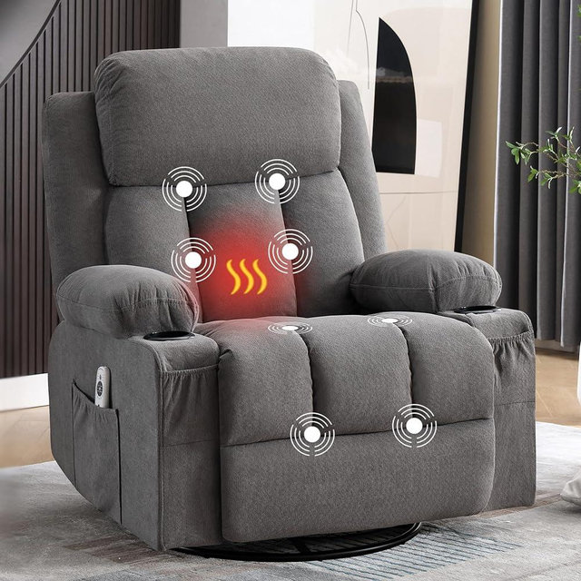 BOSMILLER Swivel Rocker Recliner Chair with Vibration Massage and Lumbar Heating Ergonomic Lounge Chair for Living Room with Rocking Function and Side Pocket, 2 Cup Holders, USB Charge Port