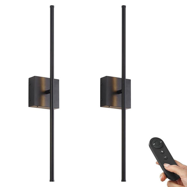 KARTOOSH Battery Operated Wall Sconces with Remote Control, Dimmable Wall Sconces Set of Two, 350°Rotate, 3000K LED Black Wireless Wall Light for Living Room, Hallway, Bedroom, 24.4 Inch (2 Pack)