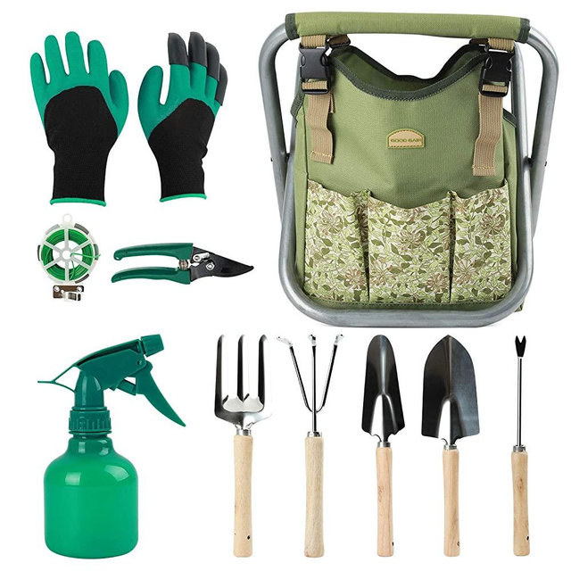 Good GAIN Garden Tools Stool, 12 pcs Gardening Hand Tools Set with Folding Chair Seat and Garden Storage Tote Bag, Garden Tools Carrier, Digging, Gardening Gifts Set for Mom/Dad and Gardeners. Green