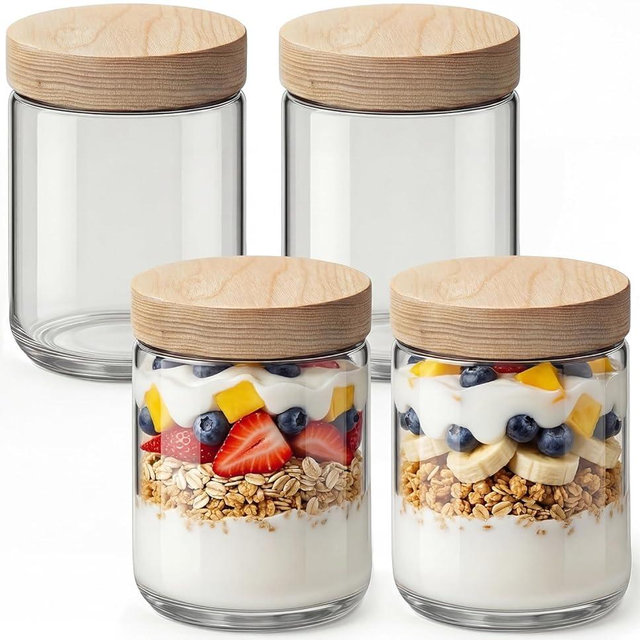 Osfel 16oz 4 Pack Overnight Oats Containers with Lids, Glass Mason Jars with Ashwood Wood Airtight Lids, Wide Mouth Meal Prep Storage Jars for Yogurt, Chia Pudding, Salad, Snacks, Spice
