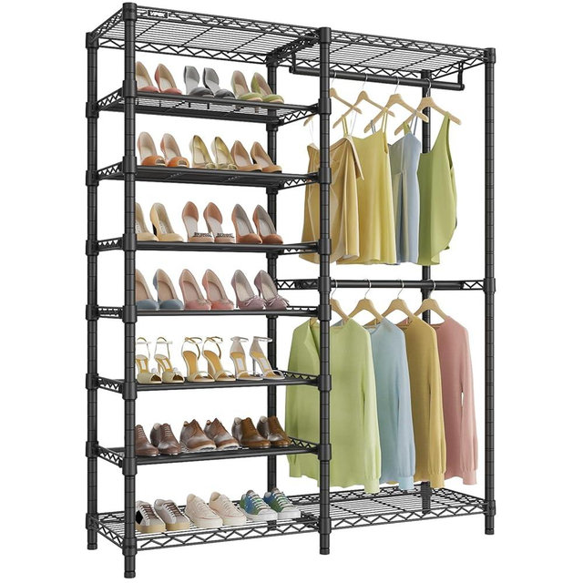 VIPEK S2 Heavy Duty Clothes Rack with Shoe Shelves Freestanding Clothing Rack with 6-Tier Shoe Rack, Double Hanging Rod, Adjustable Shelf, Walk in Closet Organizer Garment Rack, Black