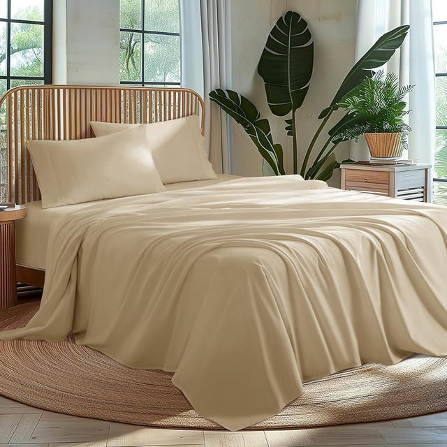 AiAngu 100% Egyptian Cotton Sheet Set 4 Piece, Luxury 1000 Thread Count Queen Sheets, Breathable & Cooling Sheets, 16" Deep Pocket, Machine Washable, Hotel Style Home Bedding(Queen,Beige)