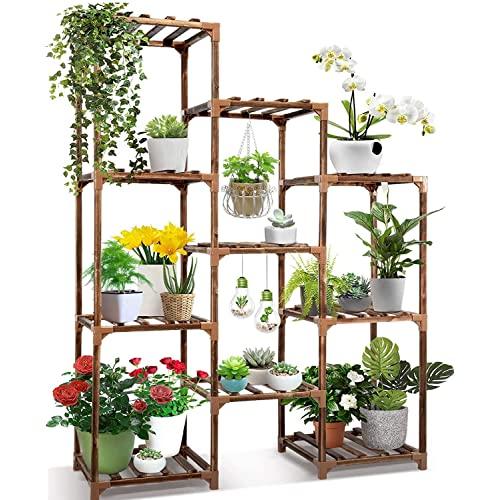 Plant Stand Indoor Ourdoor,CFMOUR 10 Tire Tall Large Wood Plant Shelf Multi Tier Flower Stands,Garden Shelves Wooden Plant Display Holder Rack for Living Room Corner Balcony Office Lawn Patio