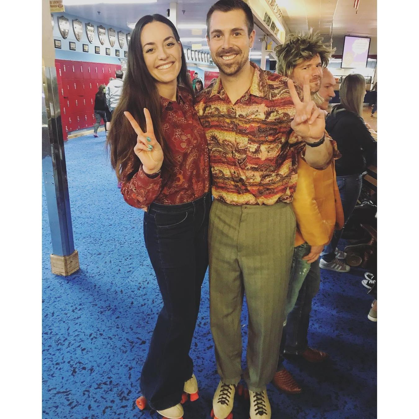 We enjoy dressing up for parties, for halloween, for any event really... This was our 70's roller skating look.