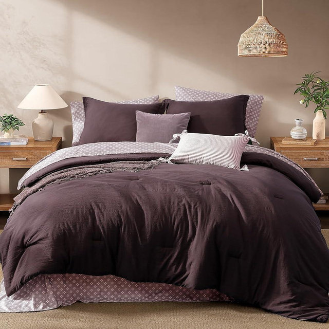 Monbix King Size Comforter Set - 7 Pieces ltalian Plum Prewashed Bed in a Bag King Bedding Sets with Comforters, All Seasons Ultra Soft Comforter Bed Set with Sheets,Pillowcases & Shams