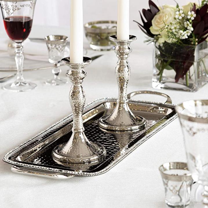 Rectangular Stainless Steel Tray for Serving and Decor, Decorated with Small Crystal Beads on Edge, Handles on Sides- 20"L x 8"D