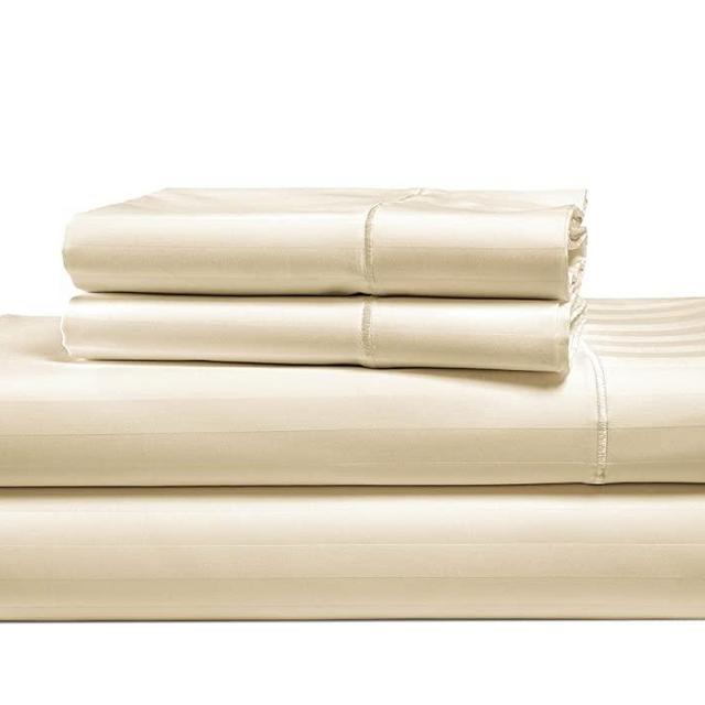 Split King Sheets for Adjustable Beds - 1000 Thread Count Striped Sheets Set, 100% Egyptian Cotton, Sateen Weave, Cool Breathable & Soft, 5 Piece Set, 2 Fitted Fits Upto 17" Deep Pockets - Ivory