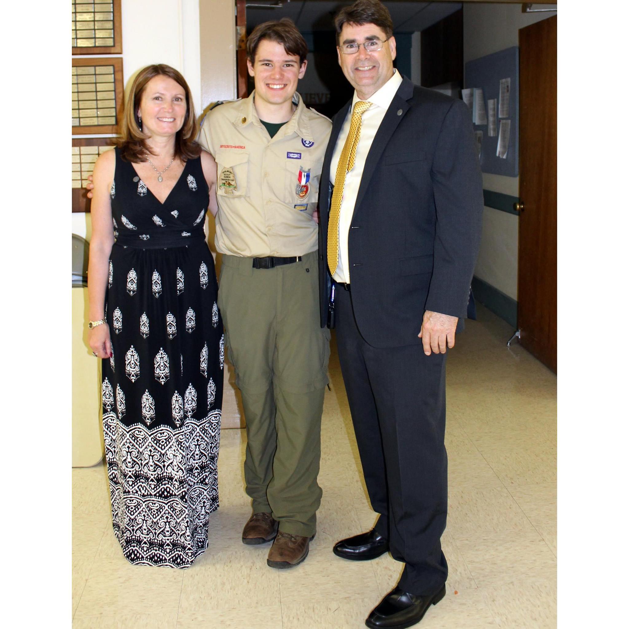 Declan with his parents at his Eagle Scout Ceremony