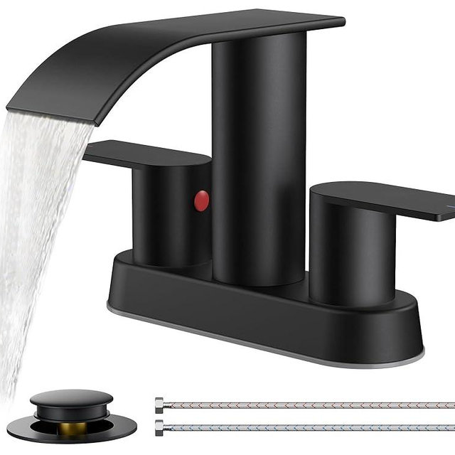 FORIOUS Matte Black Bathroom Sink Faucet, Waterfall 4 Inch Centerset Bathroom Faucets with Metal Pop up Drain and cUPC Hose for Basin,Vanity, Rv, Lavatory 2 or 3 Hole Sink