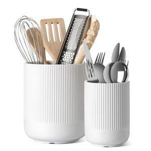 LE TAUCI Utensil Holder for Kitchen Counter, 7.3"+5.4" Fluted Ceramic Utensil Crock Organizer for Countertop, Heavy Large Holder for Spatulas, Spoons, Set of 2, White, Kitchen Counter Decor