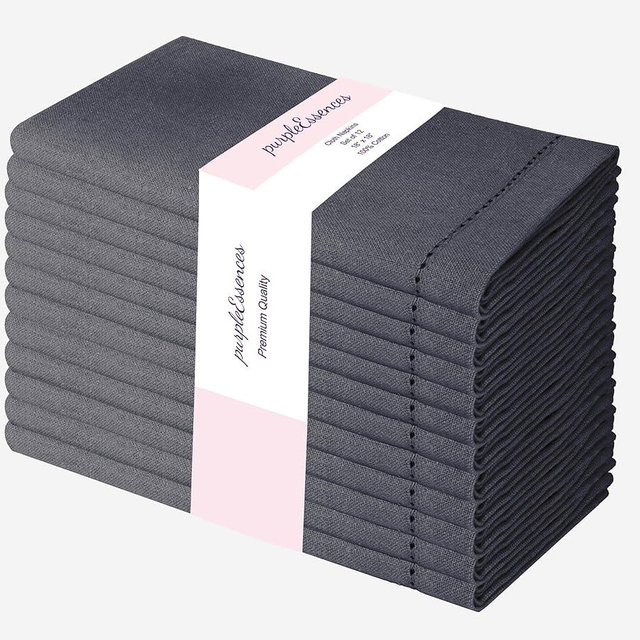 PurpleEssences Set of 12 Hemstitch Cloth Dinner Napkins 100% Cotton - Soft Durable Washable - Ideal for Wedding Spring Easter Summer - Perfect Everyday Use Table Linen 18x18 - Dark Gray