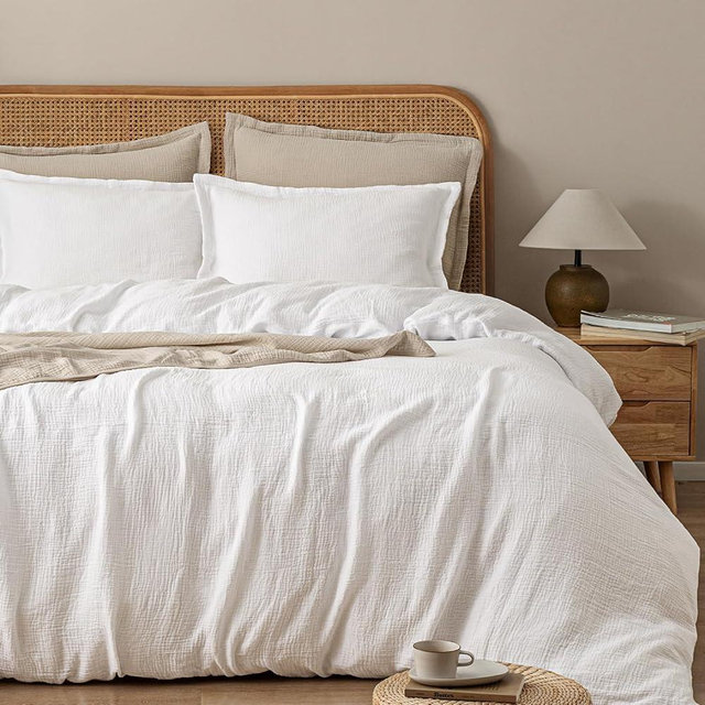 PHF 100% Natura Cotton Muslin Duvet Cover Set Queen Size, Ultra Soft Breathable Absorbent, Luxurious Minimalist Gauze Bedding for All Season, Duvet Set with 2 Pillow Shams, 90" x 90", Snow White