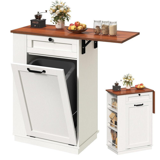 DWVO 10 Gallons Tilt Out Trash Can Cabinet with Drop Leaf & Side Storage Rack, Freestanding Trash Cabinets Hidden Garbage Bin Cabinet w/Drawer, Off White