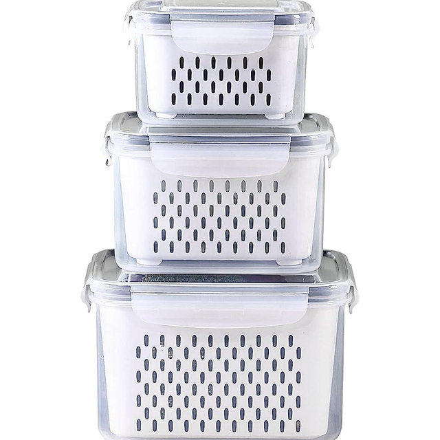 3Pack Fridge Food Storage Container Set with Lids with Strainer, Fruit Vegetable Storage Containers Keep Fruits, Vegetables, Berry, Meat Fresh longer , BPA-Free Plastic Produce Keepers(3.15L+1.7L+0.8L)