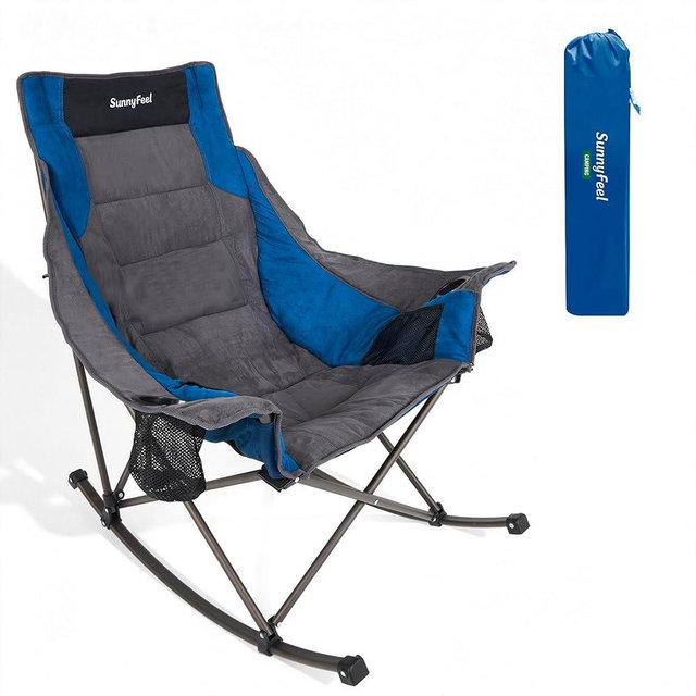 SUNNYFEEL Rocking Camping Chair Fully Padded Patio Folding Chair Portable Oversized Outdoor Rocker High Back Lawn Recliner with Side Pocket Camp Rocker Chairs for Adults Heavy Duty 500 LBS Blue