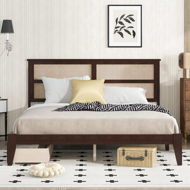 King Size Rubber Wood Platform Bed with Rattan Headboard & 2 Storage Drawers, Bed Frame with Support Legs, Espresso - ModernLuxe