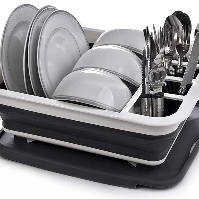 Collapsible Dish Drying Rack - Popup and Collapse for Easy Storage, Drain Water Directly into the Sink, Room for Eight Large Plates, Sectional Cutlery and Utensil Compartment, Compact and Portable.