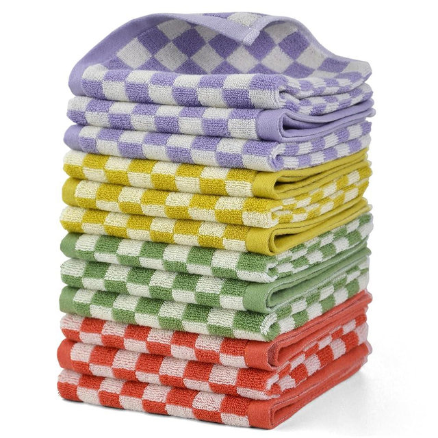 Soft Washcloths 12 Pack - Checkered Terry Wash Cloth (13"x13") in 4 Colors, Multi-Purpose Bathroom, Showering, Face Towels