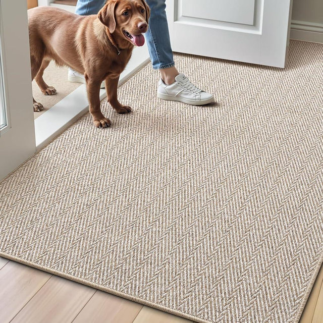 LUMI Ultra Thin Indoor Door Mat for Entrance 36"x56", Non Slip Entryway Mat, Low Profile Doormat, Unique Herringbone Design Carpet for Inside, Patio, Porch, Beige