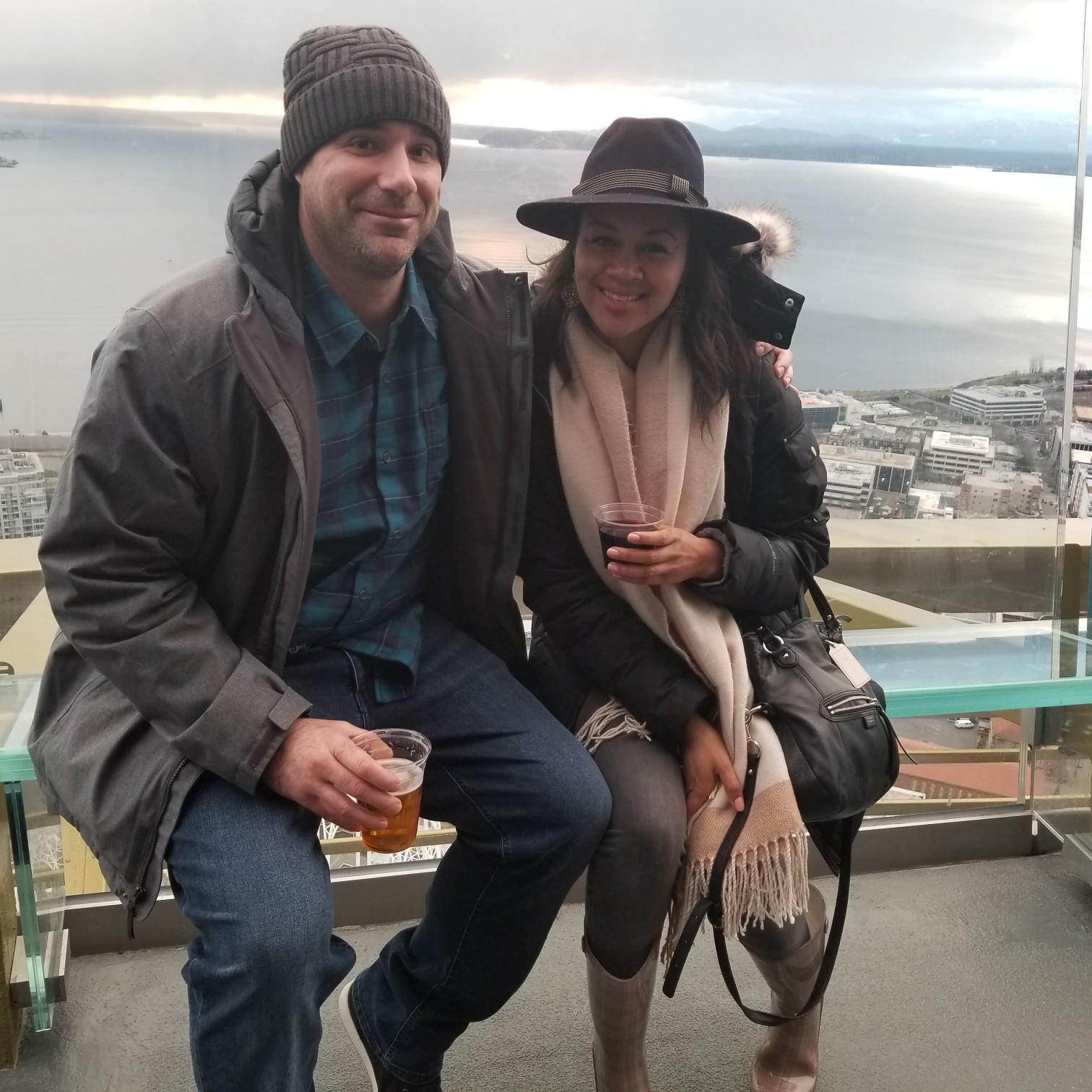 Enjoying the views with glass seats (scary!) at the Space needle