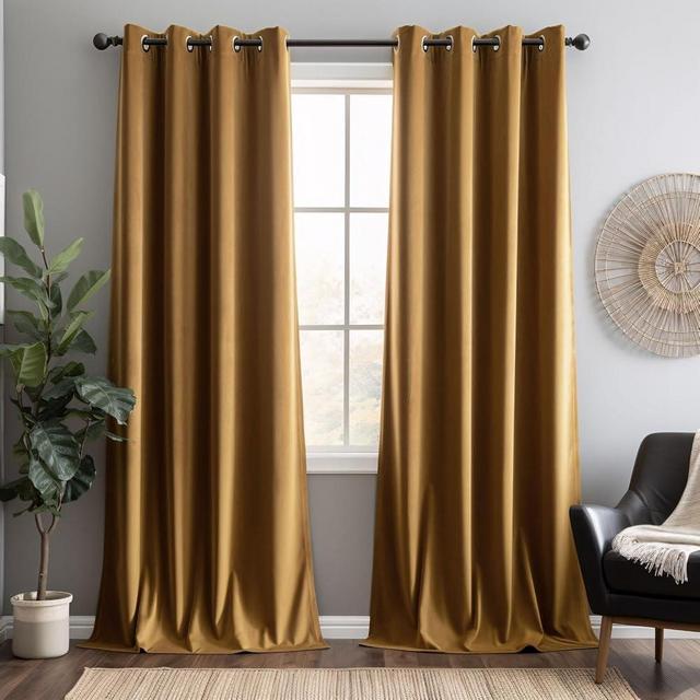 Aljctns Gold Brown Velvet Curtains 96 inches 2 Panels Set, Super Soft Grommet Curtains for Living Room Noise Reducing Room Darkening Luxury Velvet Curtains for Bedroom Decor W52 x L96 inches