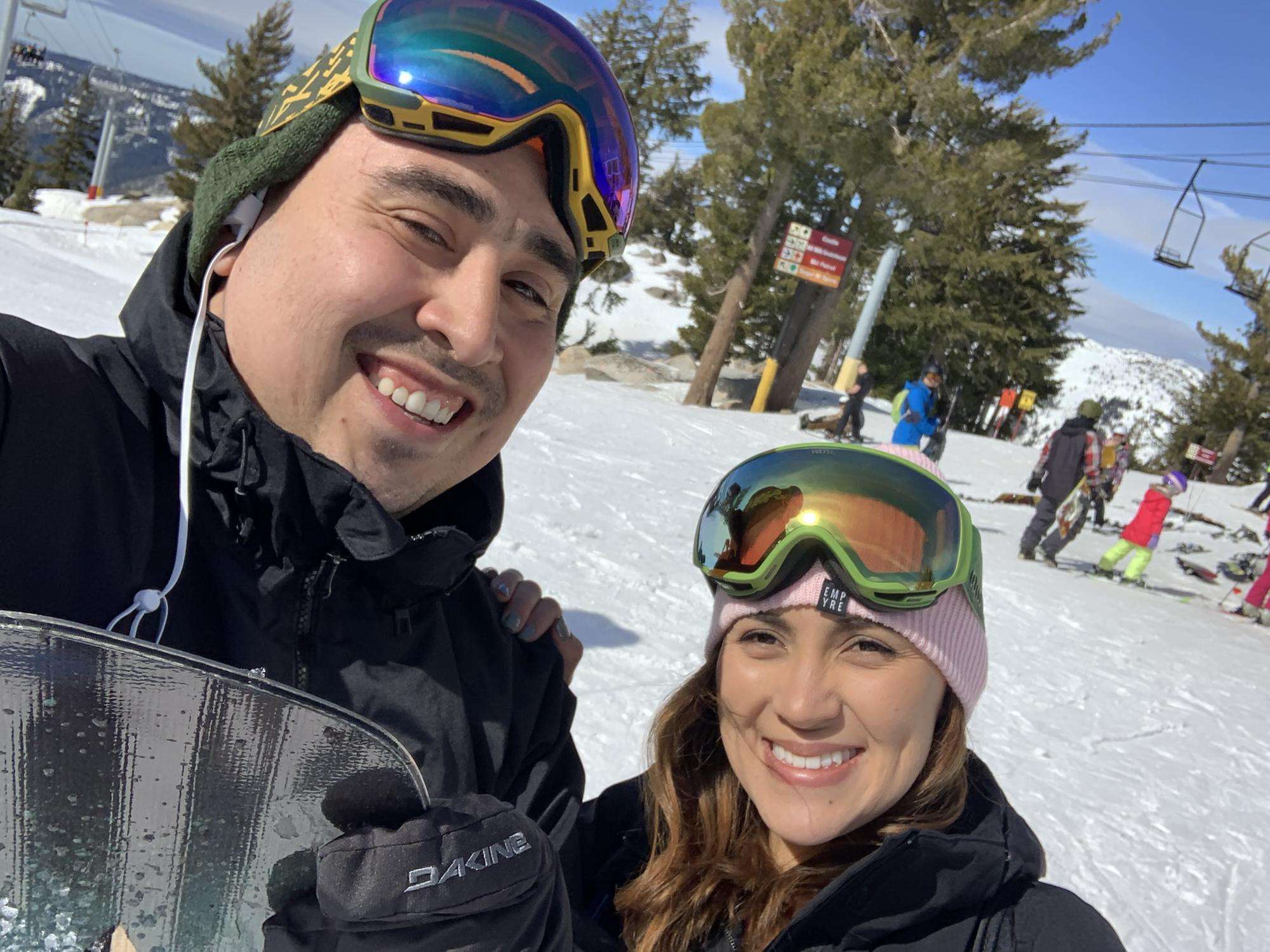 Marcos took Mayra snowboard for the 1st time with his brother and sister. Mayra constantly fell the first time they went snowboarding despite Marcos efforts. Marcos is till teaching her.
