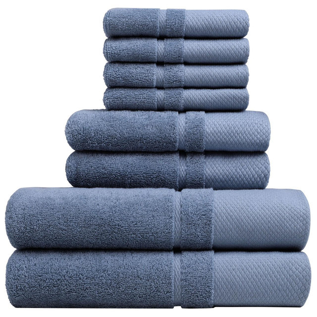 PiccoCasa 100% Combed Cotton Soft 600 GSM Absorbent lightweight Shower Towel Set 8 Pcs Steel Blue