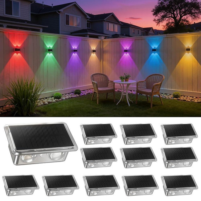 L LOHAS LED Solar Fence Lights Outdoor,8 Modes RGB Fence Lights Solar Powered, IP44 Waterproof Outdoor Step Light for Backyard Deck Wall Pathway Patio (12 Pack)