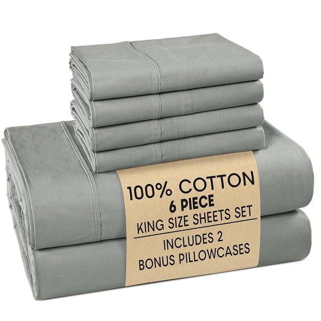 Casa Platino Bed Sheets King – 100% Cotton King Size Bed Sheet Set with 4 Pillowcases, Cool and Soft Percale Fabric, Ideal for All-Season Comfort, Ultra Soft with 15" Deep Pocket Fitted Sheet – Grey