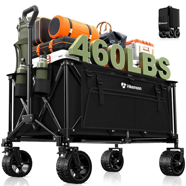 Hikemoon Collapsible Wagon Cart Foldable, 460LB Weight Capacity 220L Heavy Duty Folding Beach Wagon with Big All-Terrain Wheels, Utility Wagon for Groceries, Shopping, Garden, Sports, Camping, Black
