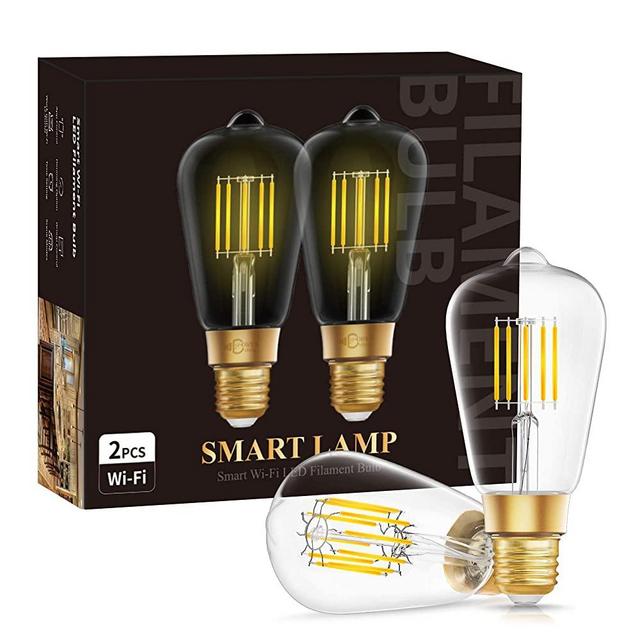 DORESshop Wi-Fi Smart LED Light Bulb, E26 Dimmable 10W(75W Equivalent) Vintage Edison WiFi LED Edison Bulb, ST64 Antique LED Filament Light Bulb, Work with Alexa and Google Assistant, 2 Pack
