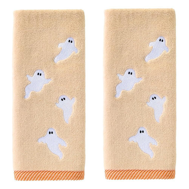 SKL Home Halloween Tossed Ghosts 100% Cotton Embroidered 2pc Hand Towel Set, Decorative for Bath/Kitchen/Bar & Gift, Taupe