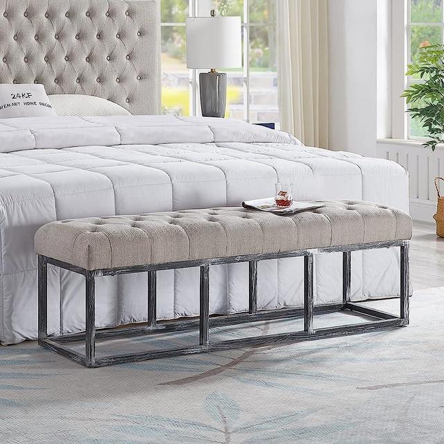 24KF Upholstered Tufted Long Bench Seats with Metal Frame Leg, Linen Bench Ottoman with Padded Seat-Linen