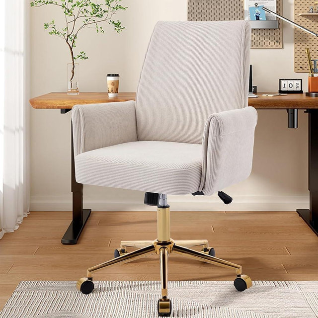 Ergonomic Corduroy Office Chair with Mid-Back Support, Swivel Desk Chair with Gold Base, Height Adjustable & Wheels for Home Office, Study, or Living Room,Modern Task Chair(Cream)