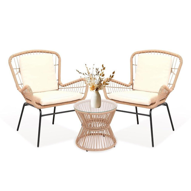 3 Piece Outdoor Rattan Patio Bistro Set with Glass Top Table and 2 Chairs, All Weather Patio Furniture for Backyard, Poolside, Porch, Balcony, Garden, Beige