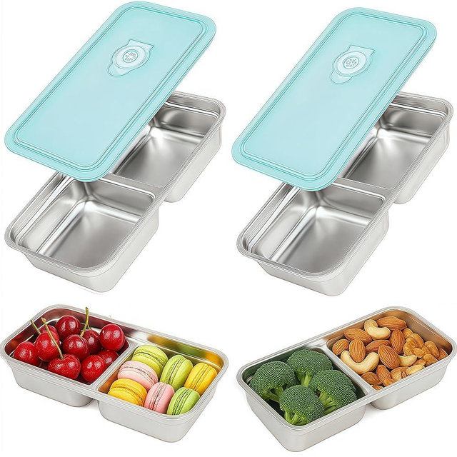 BSTUR 2Pcs 304 Stainless Steel Bento Boxes, 30 oz 2 Compartments Portable Food Storage Containers Snack Boxes with Leakproof Lids, Divided Meal Prep Lunch Box Food Container Dishwasher Safe